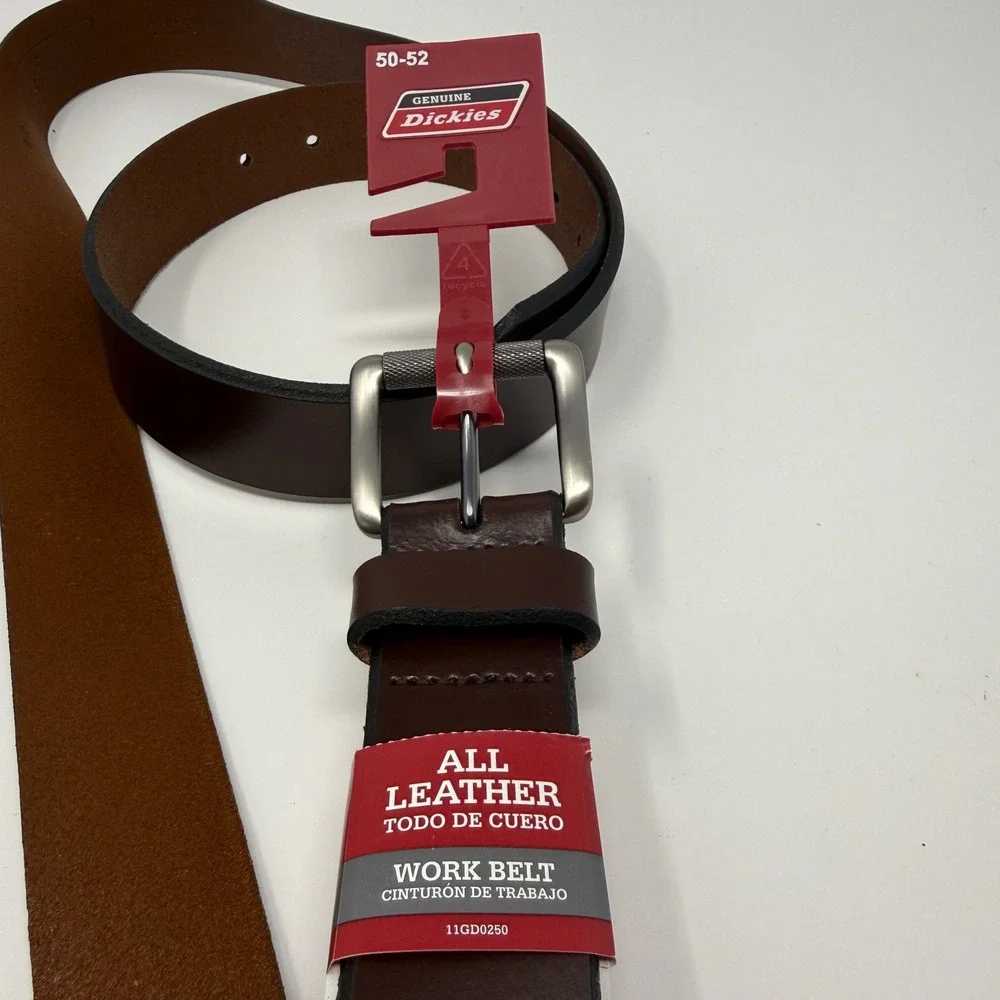 Dickies Mens Dark Brown All Leather Work Belt Silver Roller Buckle 50-52 Classic